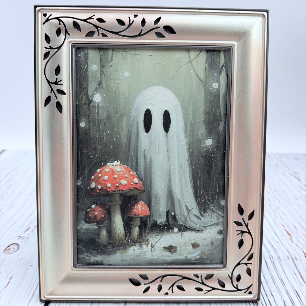 Original Ghost and Mushroom Painting in Silver Vine Frame Spooky Forest Art